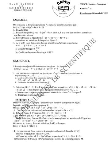 Travaux dirigés Maths nombres complexes Tle D by Tehua