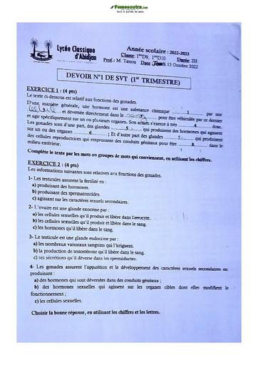 Sujet de SVT niveau Première D Lycée Classique Abidjan 22-23