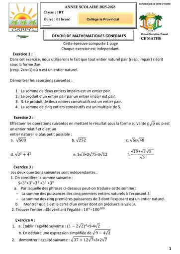 SUJET PARTIEL MATHS 1BT MATHS GENERAL