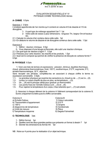 Evaluation Physique chimie technologie niveau 4ème