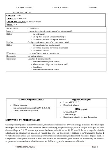 FCICHE DE COURS PC 2nde C L1 le Mouvement by TEHUA