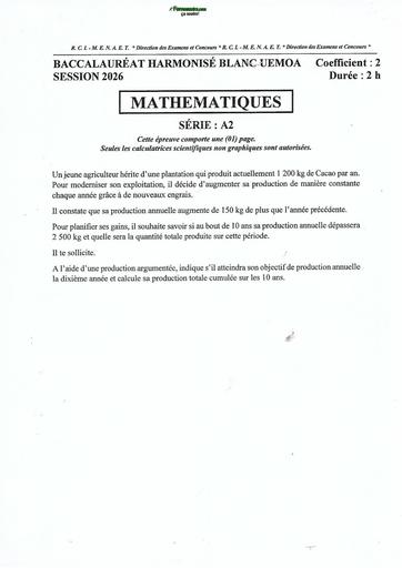 BAC HARMONISE BLANC UEMOA 2026 MATHS SERIE A2 BY TEHUA
