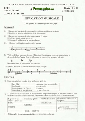 Sujet de Musique BEPC 2010 Zone 1,2,3