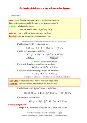 Resumé chimie acide base