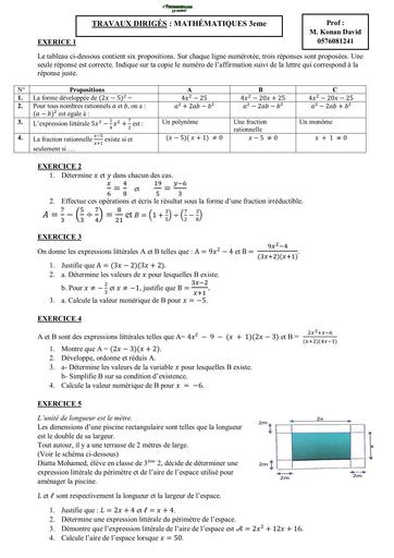 Travaux Dirigés Maths 3ième Calcul Littéral By Tehua