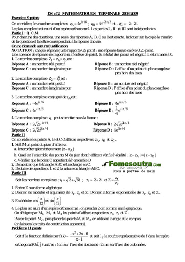 Devoir corrigé (27) de maths niveau Terminale D