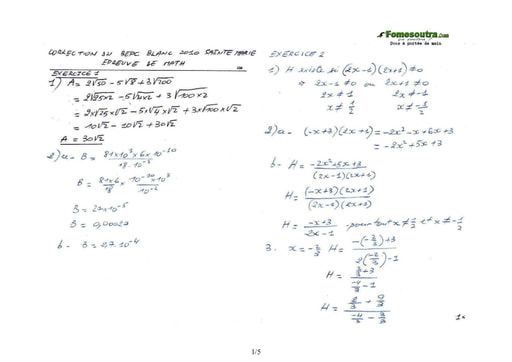 Corrigé de Maths BEPC blanc 2010 Lycée Sainte Marie de Cocody