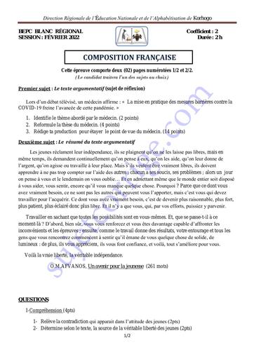 SUJET BEPC BLANC 2022 COMPOSITION FRANCAISE REGIONAL DE KORHOGO COTE D'IVOIRE by TEHUA.pdf