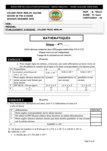 DEVOIR DE FIN D'ANNEE MATHS NIVEAU 4ième MERLAN DECEMBRE 2025 BY TEHUA