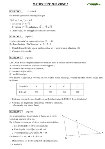 Sujet de mathématique BEPC 2008 Zone 2