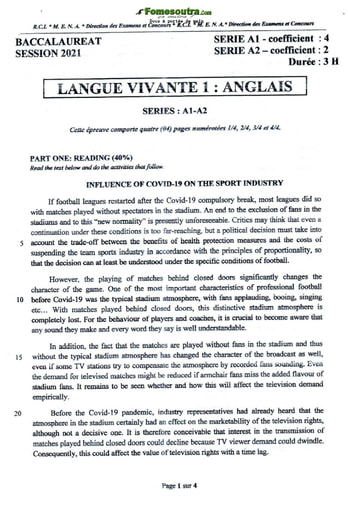 Sujet corrigé et barème d'Anglais LV1 BAC A1 et A2 2021