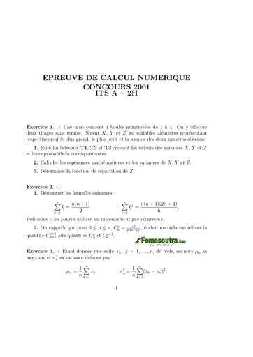 Sujet de Calcul numérique ITS A 2001 (ENSEA - ENSAE - ISSEA)