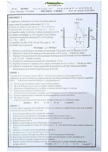 Sujet Première C Physique-Chimie Lycée Classique Abidjan 2021-2022