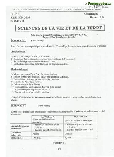 Sujet corrigé et barème SVT BEPC 2016 Zone 2