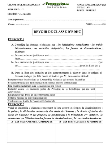 Devoir d' EDHC niveau 4eme - Groupe Scolaire Selodesir