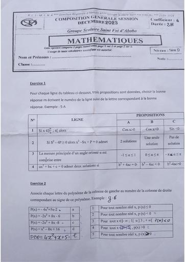 Partielle de décembre 2023 Maths 1iere D Sainte foi Abobo by Tehua