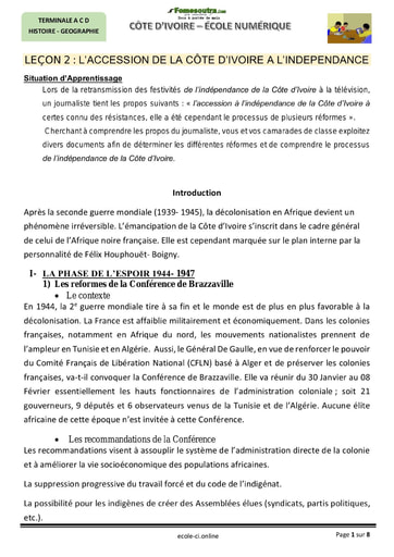 Cours : L’ACCESSION DE LA CÔTE D’IVOIRE A L’INDEPENDANCE