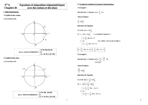 1ère S Cours équations et inéquations trigonométriques