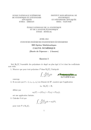 Sujet de Calcul numérique ISE option maths 2012 (ENSEA - ISSEA - ENSAE)