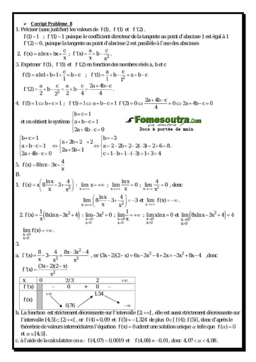 Corrigé Problème (8) Etude d'une Fonction Logarithme Népérienne - Maths Terminale D