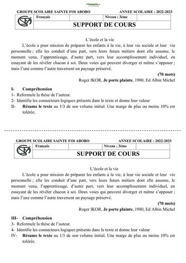 Sujets de composition française Niveau Troisième Collège Sainte Foi Abidjan