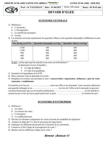 Devoir Economie Générale 2 BT comptabilité