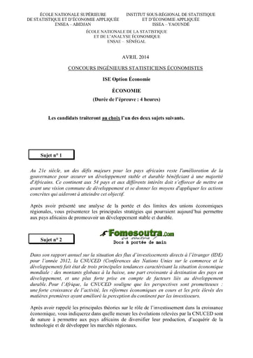 Sujet Economie ISE option économie 2014 (ENSEA - ISSEA - ENSAE)