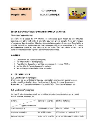 EDHC 4ème L 8 L’ENTREPRISE ET L’INSERTION DANS LA VIE ACTIVE