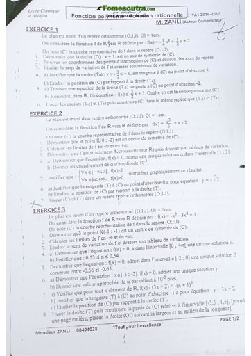 Sujets de Maths Fonction Polynomiale niveau Terminale A1 - Lycée classique d'Abidjan