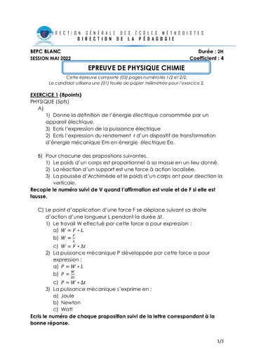 Sujet de BEPC Physiques-Chimie ÉCOLE S MÉTHODISTES  2022