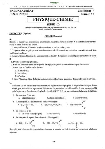 BAC 2026 PC série D sujet+barème RCI By TEHUA