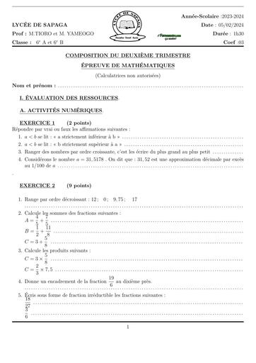 SUJET MATHS 6ième AB TRIMESTRE 2 LYCEE DE SAPAGA 2024 BY TEHUA