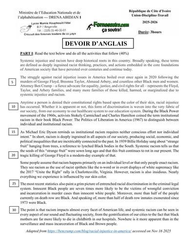 DEVOIR N°2 D'ANGLAIS Tle ABIDJ 1 by TEHUA