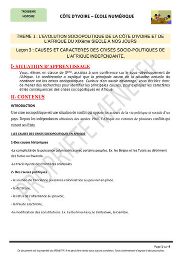 Causes et caractères des crises socio-politiques de l’Afrique indépendante - Cours d’Histoire niveau 3eme