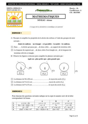 SUJET MATHS 4ieme TEST LOURD N°2 MARS 2025 by Tehua