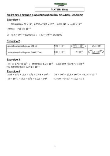 COURS DE VACANCES MATHS 4ième CORRIGE SUJET 2 (NOMBRES DECIMAUX RELATIFS) by TEHUA