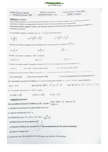 Devoir de Mathématique Terminale C Lycée Classique Abidjan  2020-2021