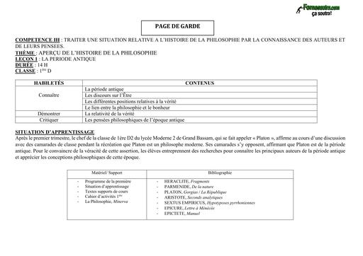 FICHE DE COURS PHILO 1ière COMP III leçon LA PERIODE ANTIQUE by TEHUA