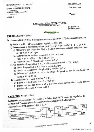Bac D 2024 SUJET et corrigé MATHS SERIE D 1iER TOUR BURKINA FASO by Tehua