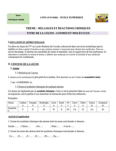 PC 5ème L8 Atomes et molecules