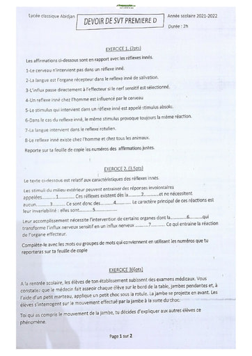 Sujet de SVT Lycée Classique Abidjan Première D 2021-2022