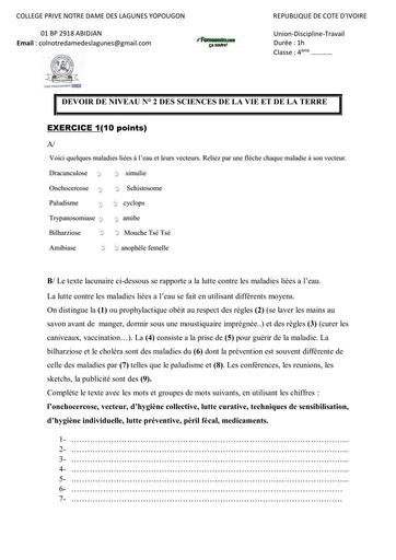 SUJET 4ième devoir SVT 2025 notre dame des lagunes de yop BY TEHUA