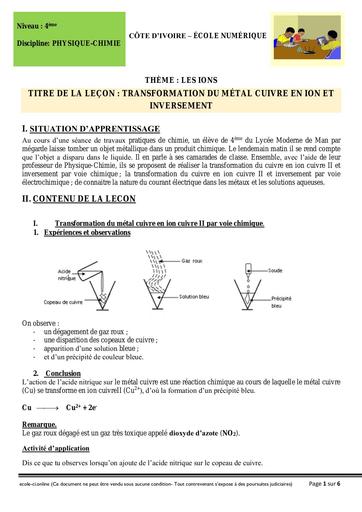 PC 4ème L11 Transformation du Métal cuivre