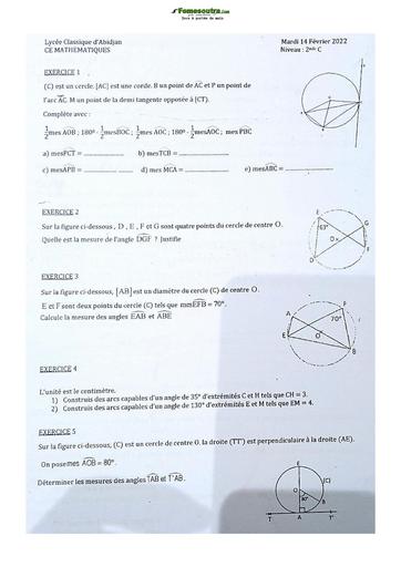Sujet de Math Seconde C 2021-2022 Lycée Classique Abidjan