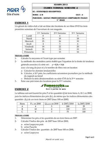 Sujet de Statistique Descriptive Licence Professionnelle 1ere année session 2013 - PIGIER