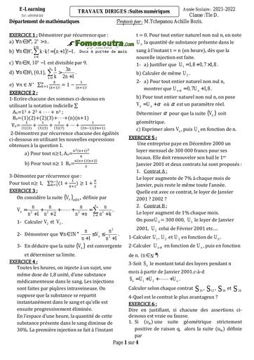 Fiche de TD sur les SUITES NUMERIQUES TleS TCHEPANOU