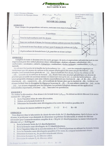 Devoir Chimie Première C Lycée Classique Abidjan 2020-2021