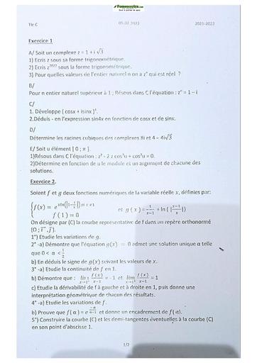 Devoir de Mathématique Terminale C Lycée Classique Abidjan 2021-2022