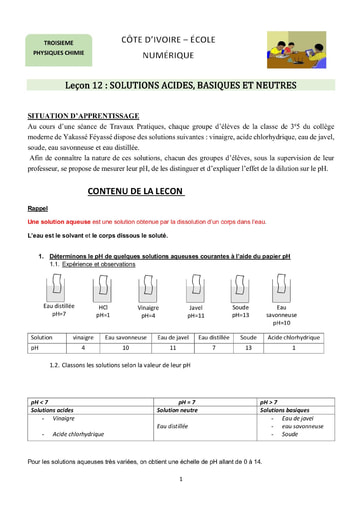 Solutions acides, basiques et neutres - Cours Chimie 3eme