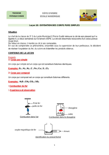 Oxydation des corps purs simples - Chimie 3eme